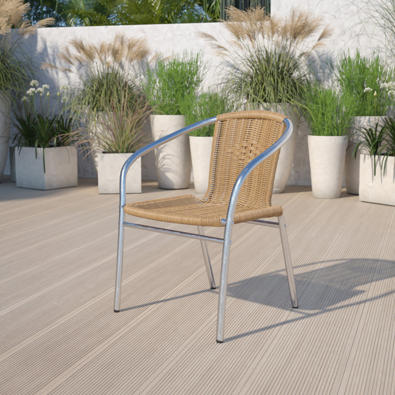 Commercial Aluminum and Beige Rattan Indoor-Outdoor Restaurant Stack Chair