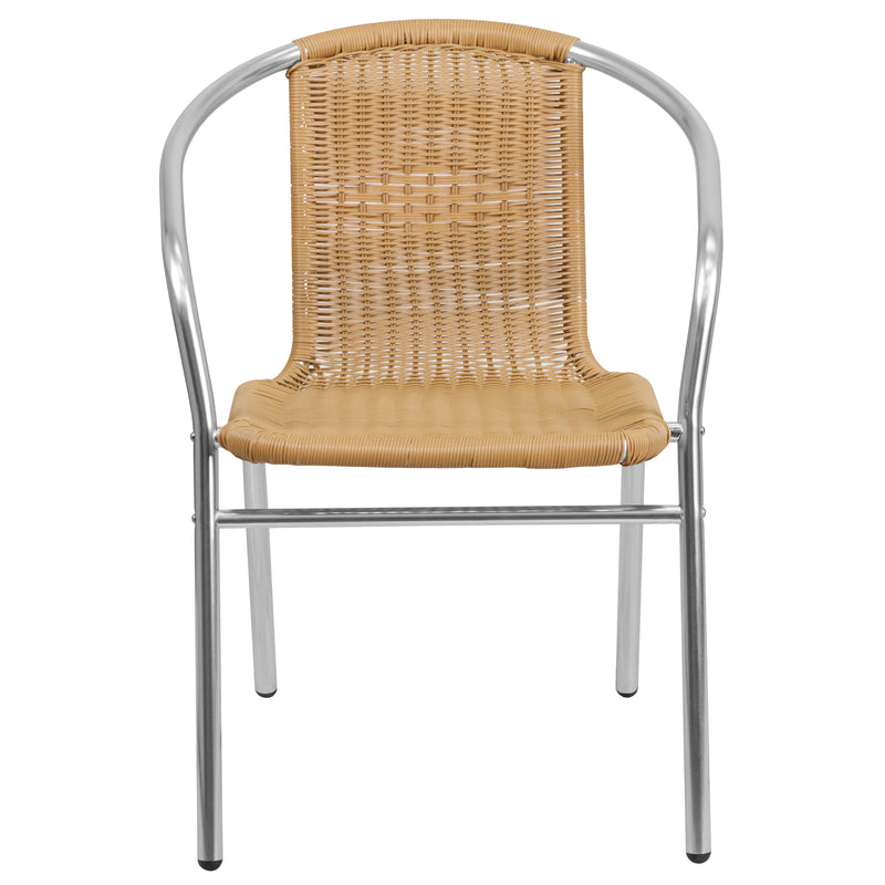 Commercial Aluminum and Beige Rattan Indoor-Outdoor Restaurant Stack Chair