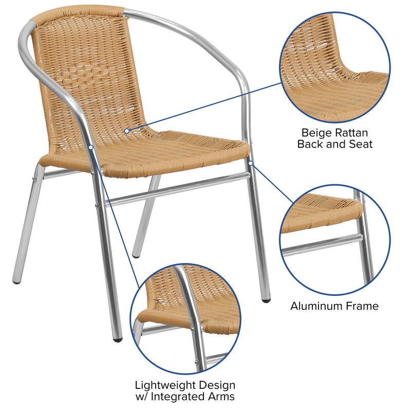 Commercial Aluminum and Beige Rattan Indoor-Outdoor Restaurant Stack Chair