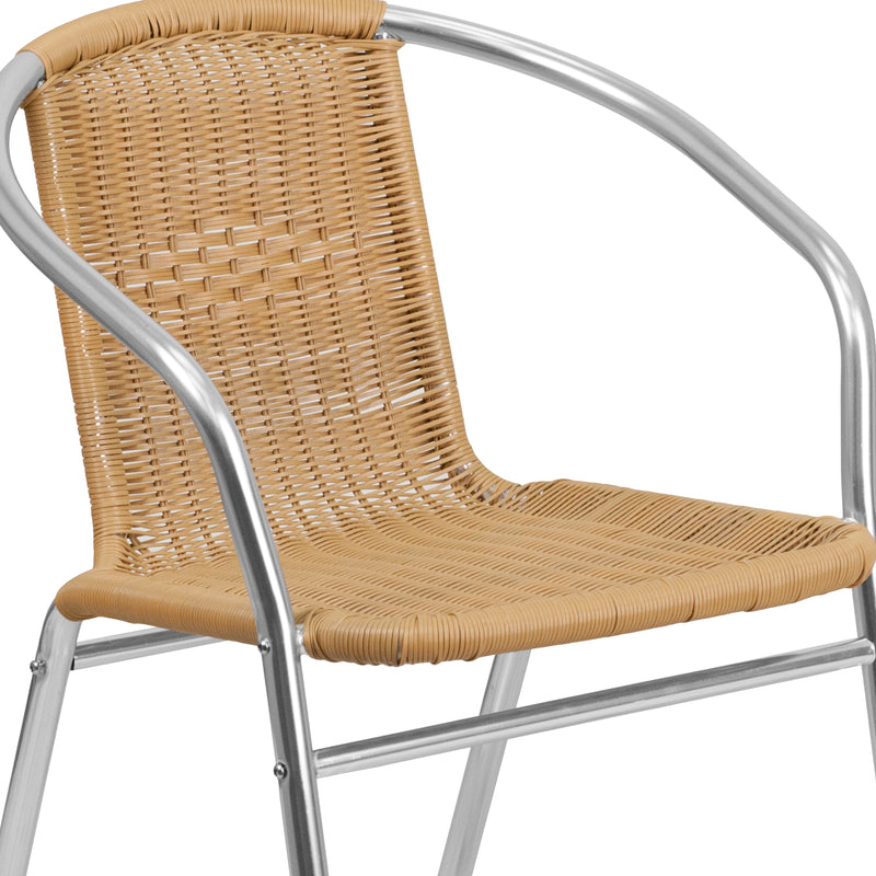 Commercial Aluminum and Beige Rattan Indoor-Outdoor Restaurant Stack Chair