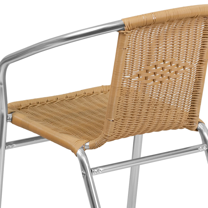 Commercial Aluminum and Beige Rattan Indoor-Outdoor Restaurant Stack Chair