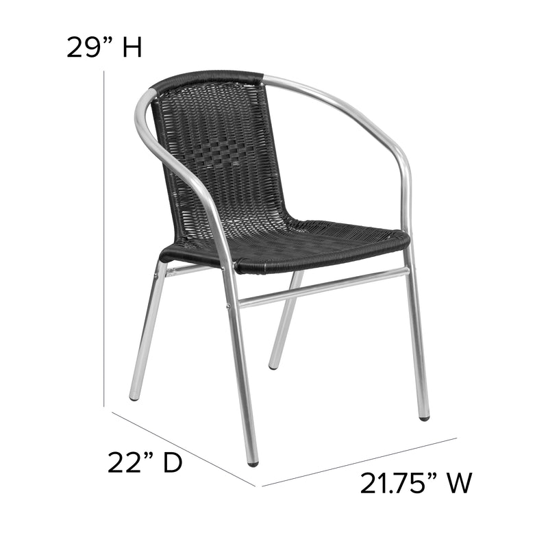 Commercial Aluminum and Black Rattan Indoor-Outdoor Restaurant Stack Chair