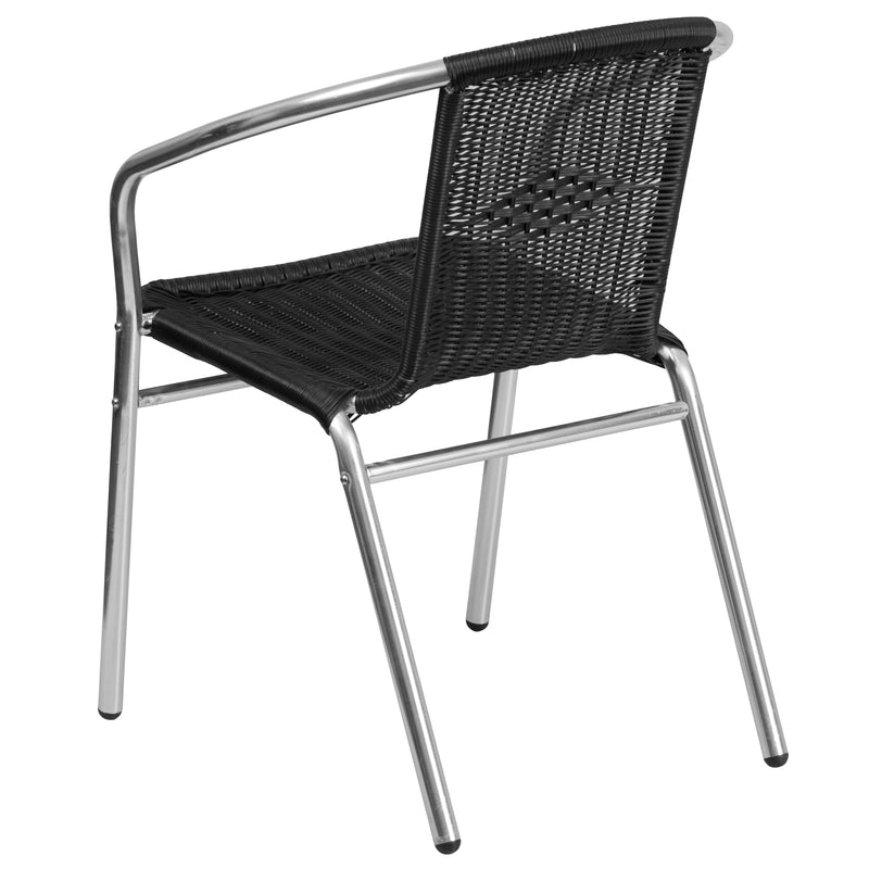 Commercial Aluminum and Black Rattan Indoor-Outdoor Restaurant Stack Chair