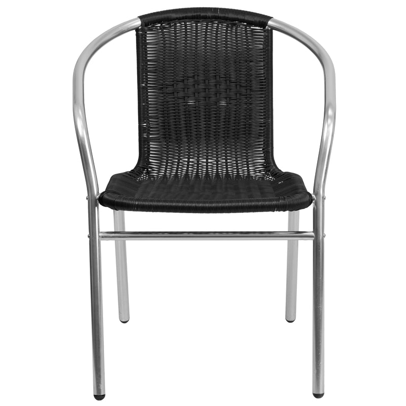 Commercial Aluminum and Black Rattan Indoor-Outdoor Restaurant Stack Chair