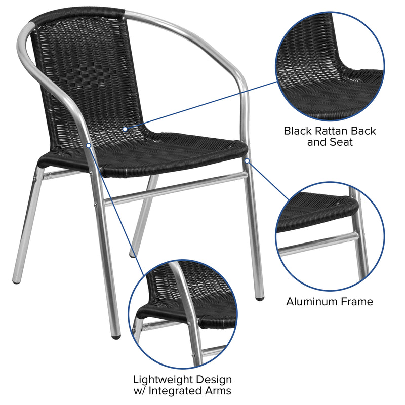 Commercial Aluminum and Black Rattan Indoor-Outdoor Restaurant Stack Chair