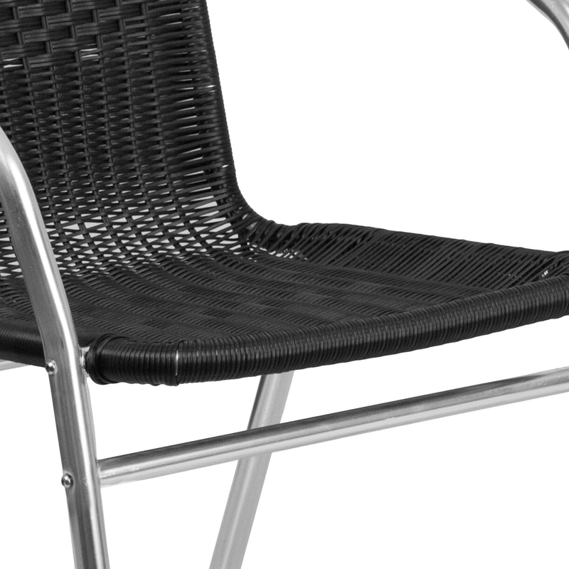 Commercial Aluminum and Black Rattan Indoor-Outdoor Restaurant Stack Chair