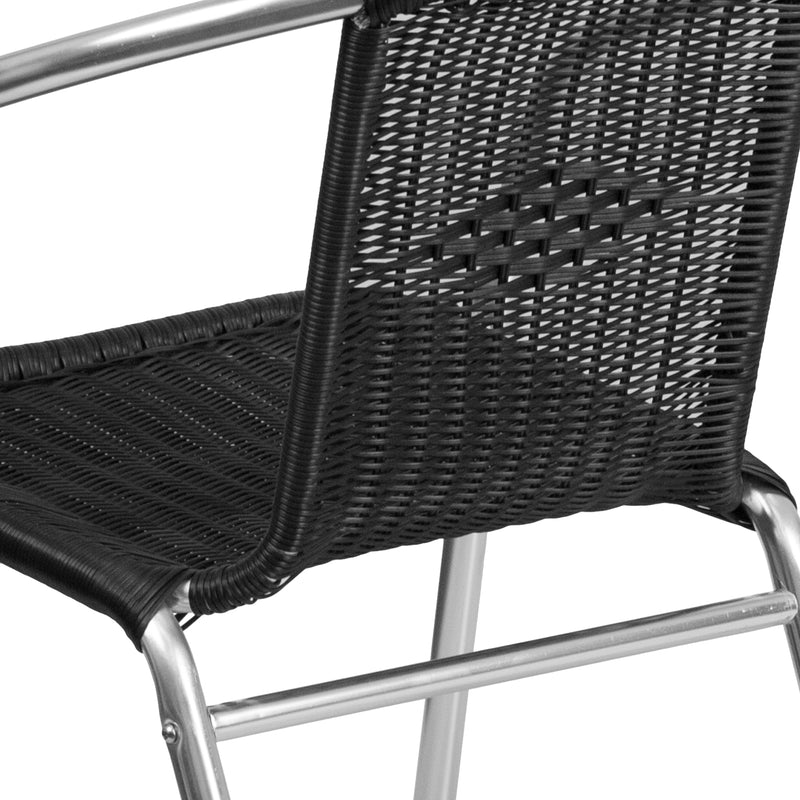 Commercial Aluminum and Black Rattan Indoor-Outdoor Restaurant Stack Chair