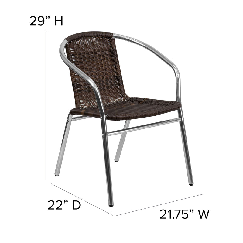 Commercial Aluminum and Dark Brown Rattan Indoor-Outdoor Restaurant Stack Chair