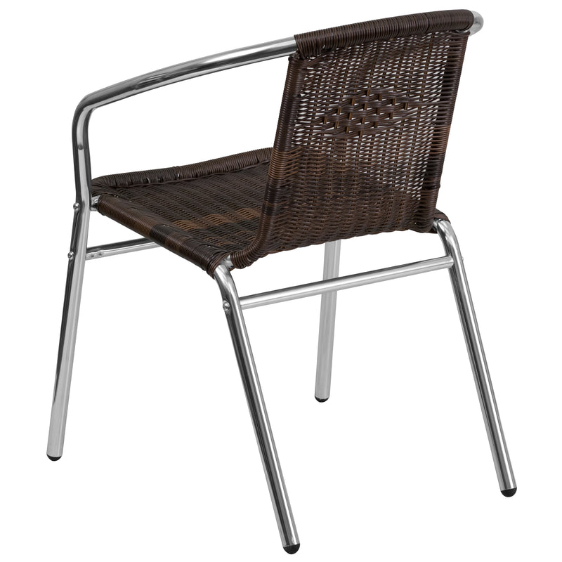 Commercial Aluminum and Dark Brown Rattan Indoor-Outdoor Restaurant Stack Chair