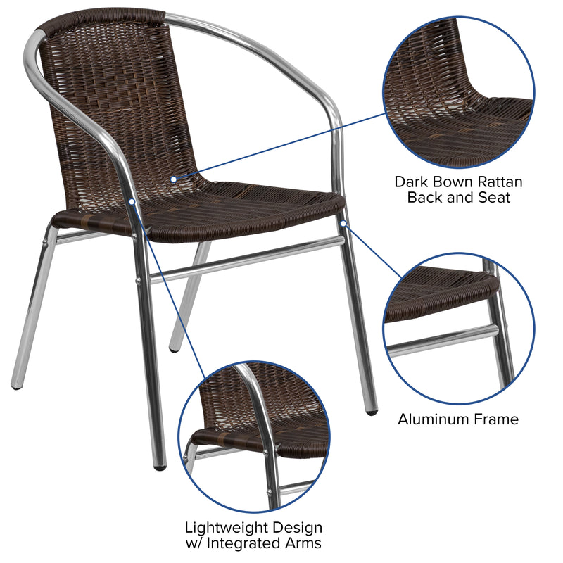 Commercial Aluminum and Dark Brown Rattan Indoor-Outdoor Restaurant Stack Chair