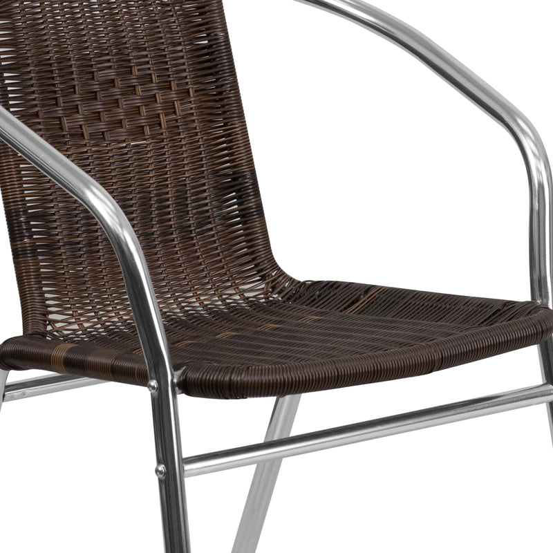 Commercial Aluminum and Dark Brown Rattan Indoor-Outdoor Restaurant Stack Chair