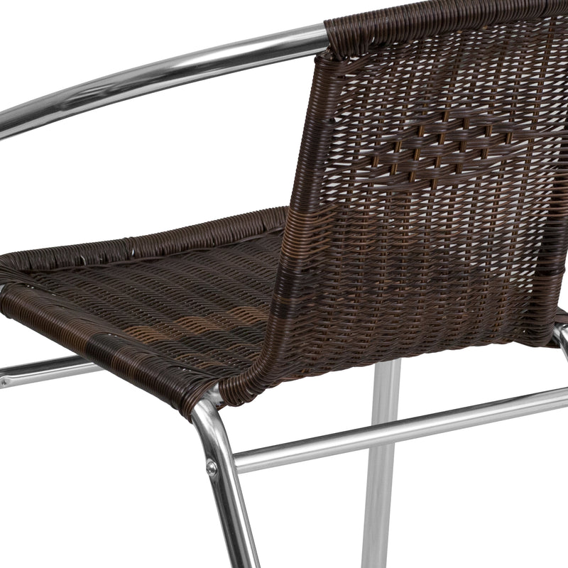 Commercial Aluminum and Dark Brown Rattan Indoor-Outdoor Restaurant Stack Chair