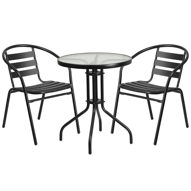 23.75'' Round Glass Metal Table with 2 Black Metal Aluminum Slat Stack Chairs