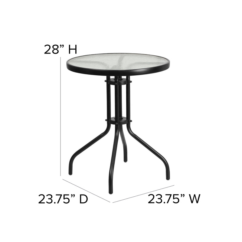 23.75'' Round Glass Metal Table with 2 Black Metal Aluminum Slat Stack Chairs