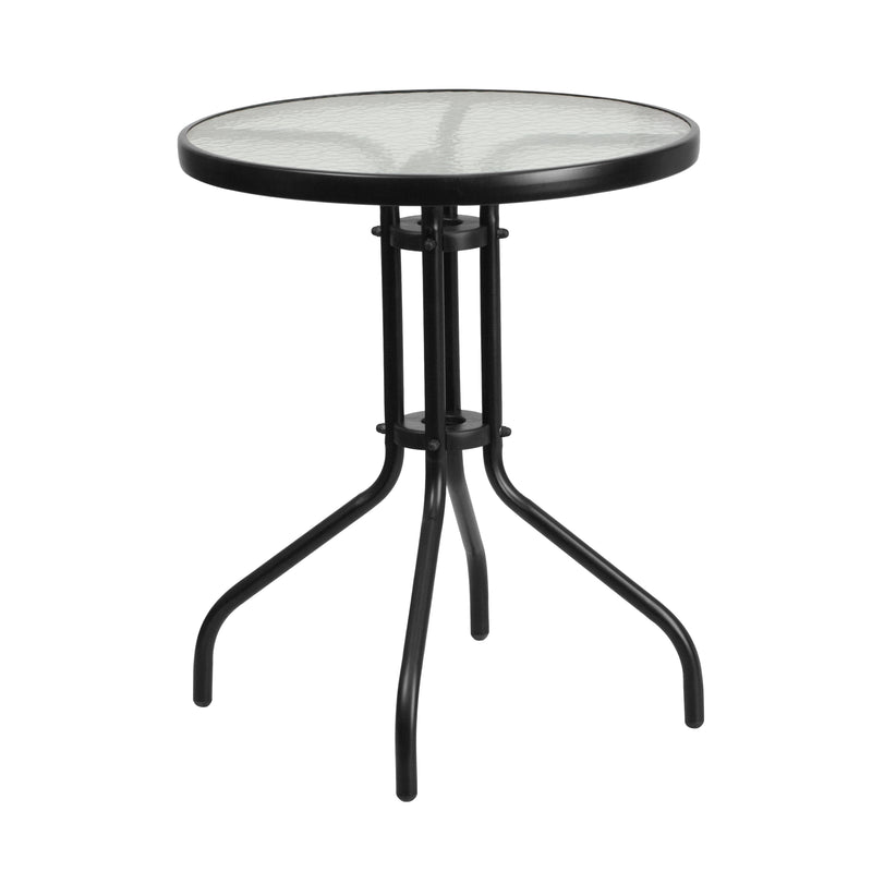 23.75'' Round Glass Metal Table with 2 Black Metal Aluminum Slat Stack Chairs