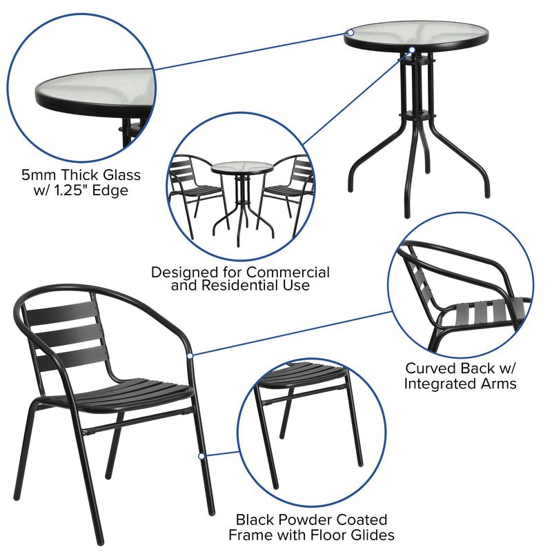 23.75'' Round Glass Metal Table with 2 Black Metal Aluminum Slat Stack Chairs