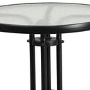 23.75'' Round Glass Metal Table with 2 Black Metal Aluminum Slat Stack Chairs