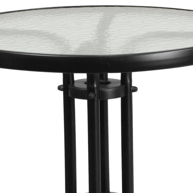 23.75'' Round Glass Metal Table with 2 Black Metal Aluminum Slat Stack Chairs