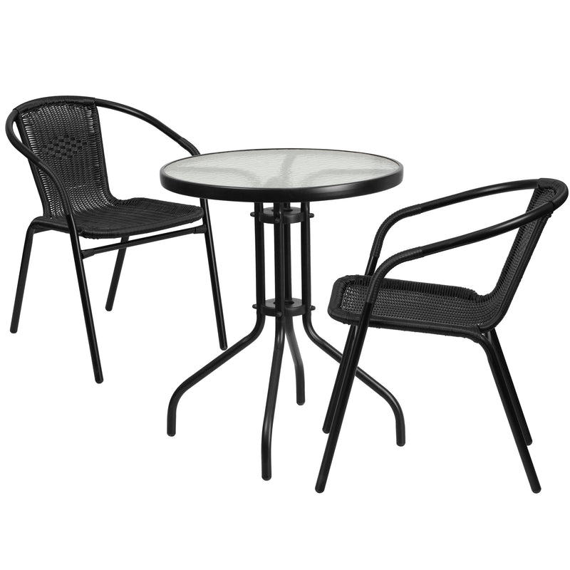 23.75'' Round Glass Metal Table with 2 Black Rattan Stack Chairs