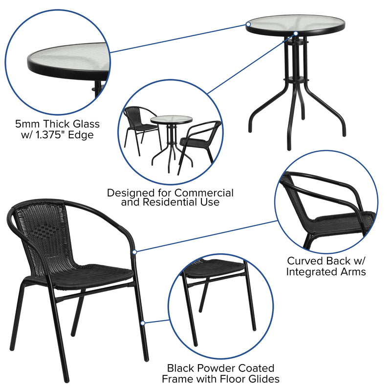 23.75'' Round Glass Metal Table with 2 Black Rattan Stack Chairs