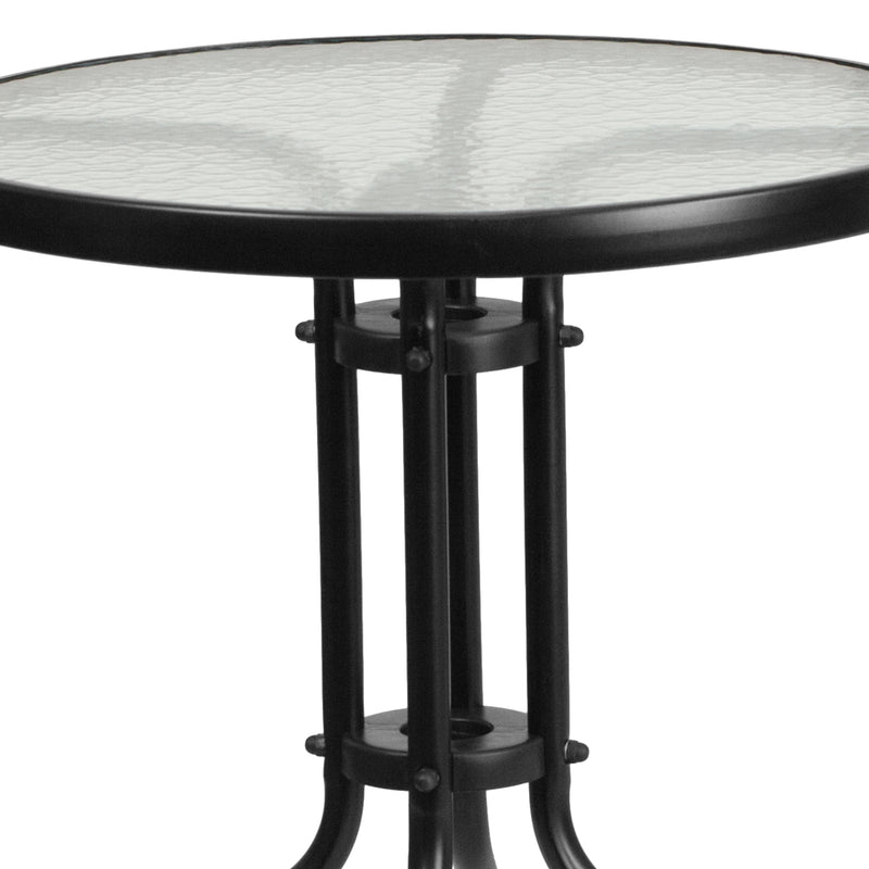 23.75'' Round Glass Metal Table with 2 Black Rattan Stack Chairs