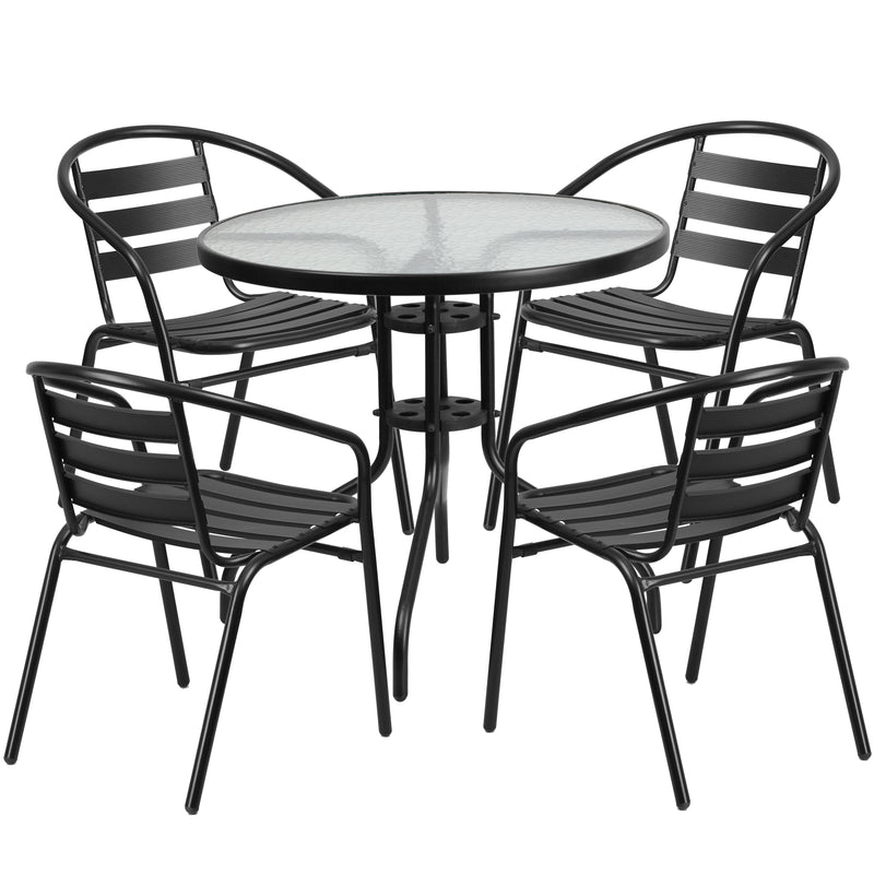 31.5'' Round Glass Metal Table with 4 Black Metal Aluminum Slat Stack Chairs