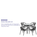 31.5'' Round Glass Metal Table with 4 Black Metal Aluminum Slat Stack Chairs