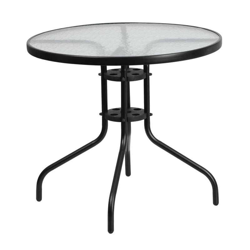 31.5'' Round Glass Metal Table with 4 Black Metal Aluminum Slat Stack Chairs