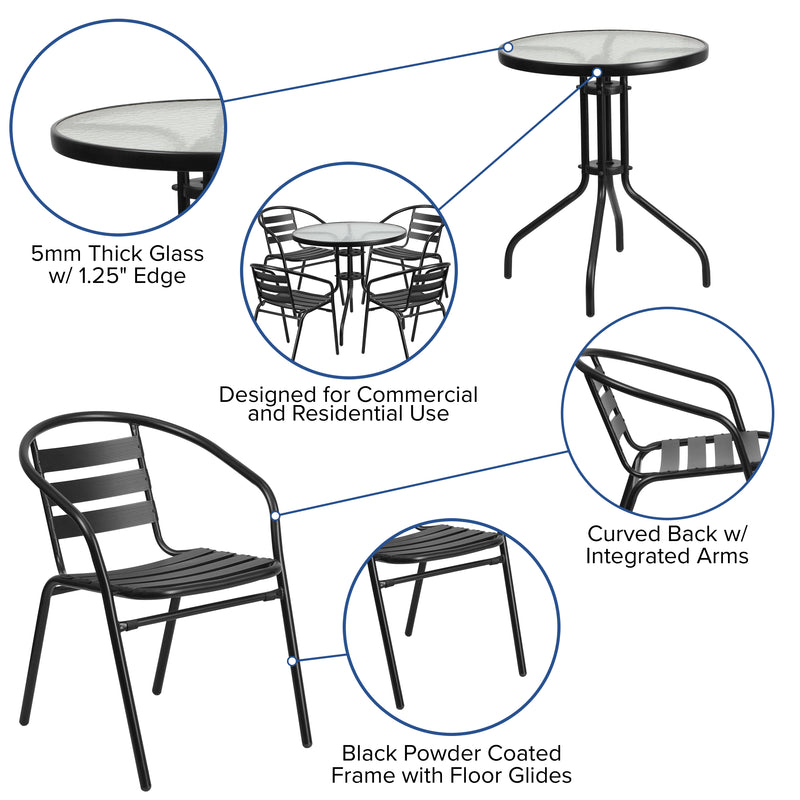 31.5'' Round Glass Metal Table with 4 Black Metal Aluminum Slat Stack Chairs