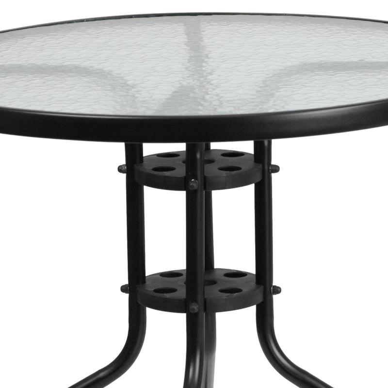 31.5'' Round Glass Metal Table with 4 Black Metal Aluminum Slat Stack Chairs