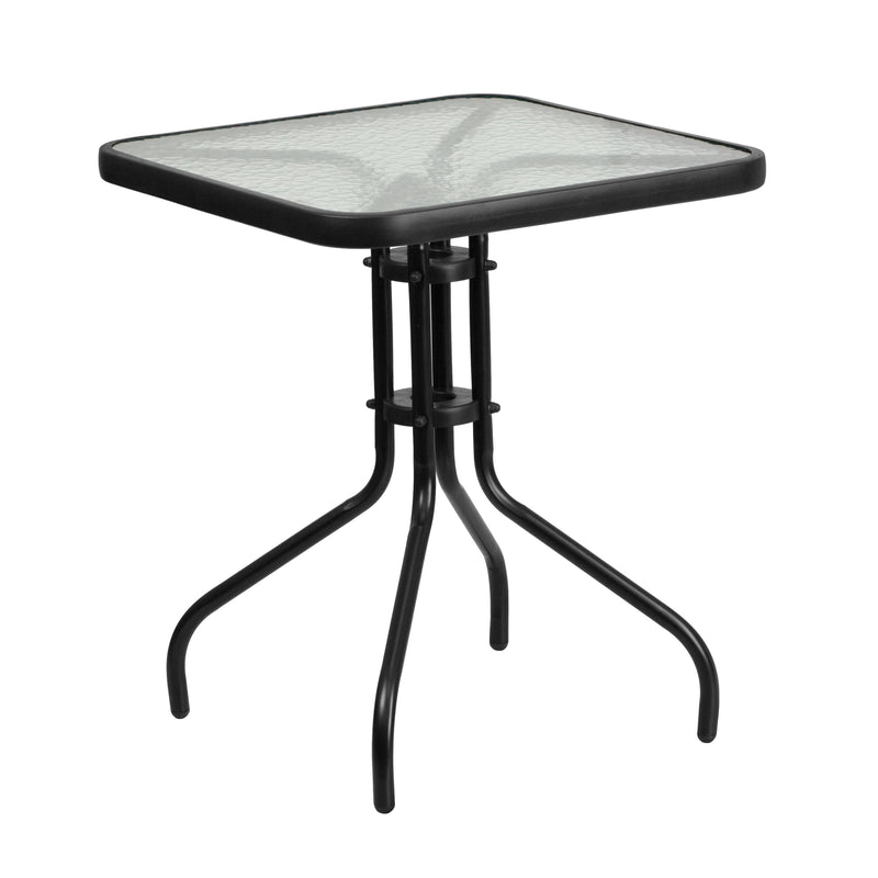 23.5'' Square Glass Metal Table with 2 Black Metal Aluminum Slat Stack Chairs