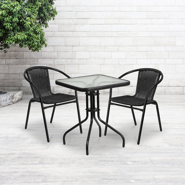 23.5'' Square Glass Metal Table with 2 Black Rattan Stack Chairs
