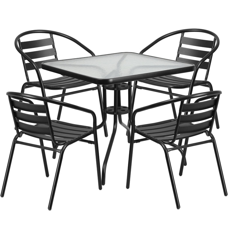 31.5'' Square Glass Metal Table with 4 Black Metal Aluminum Slat Stack Chairs