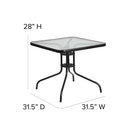 31.5'' Square Glass Metal Table with 4 Black Metal Aluminum Slat Stack Chairs