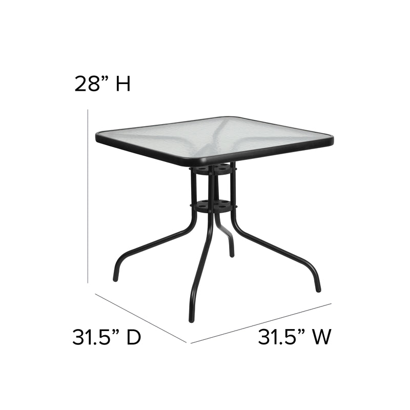 31.5'' Square Glass Metal Table with 4 Black Metal Aluminum Slat Stack Chairs