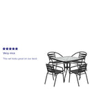 31.5'' Square Glass Metal Table with 4 Black Metal Aluminum Slat Stack Chairs