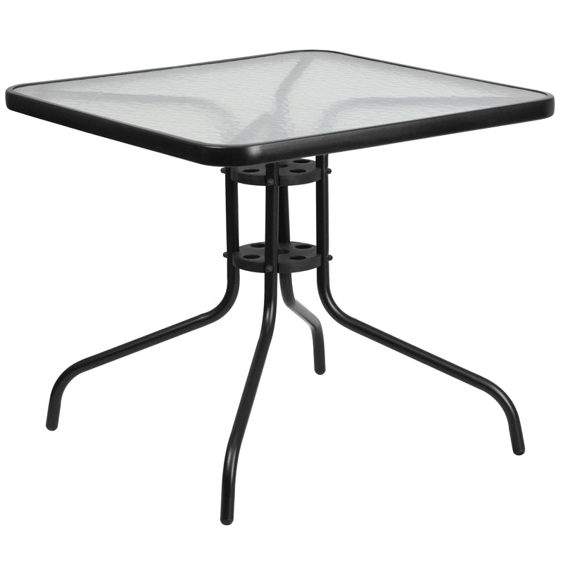 31.5'' Square Glass Metal Table with 4 Black Metal Aluminum Slat Stack Chairs