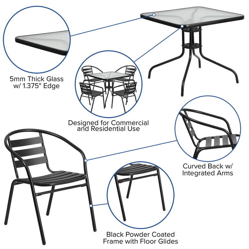 31.5'' Square Glass Metal Table with 4 Black Metal Aluminum Slat Stack Chairs