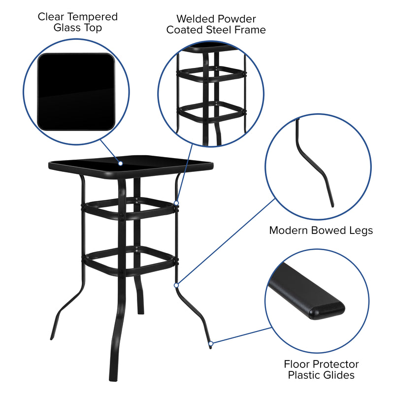 27.5" Square Black Tempered Glass Bar Height Metal Patio Bar Table