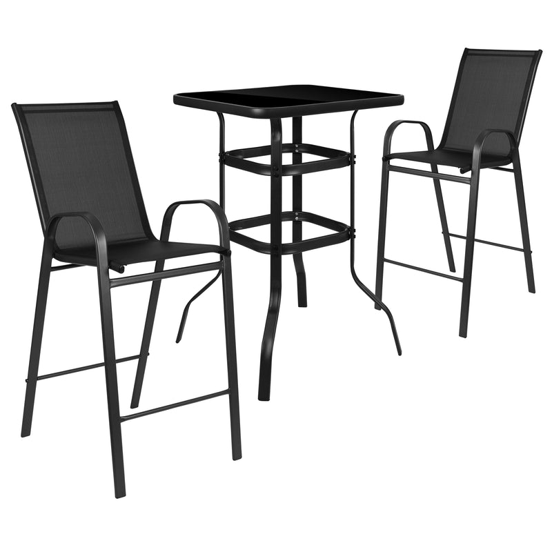 Outdoor Dining Set - 2-Person Bistro Set - Outdoor Glass Bar Table with Black All-Weather Patio Stools