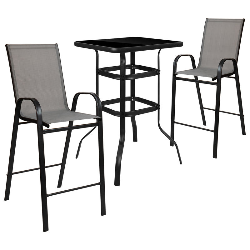 Outdoor Dining Set - 2-Person Bistro Set - Outdoor Glass Bar Table with Gray All-Weather Patio Stools