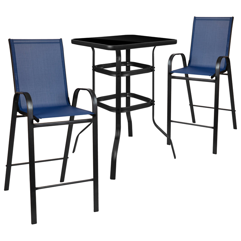 Outdoor Dining Set - 2-Person Bistro Set - Outdoor Glass Bar Table with Navy All-Weather Patio Stools