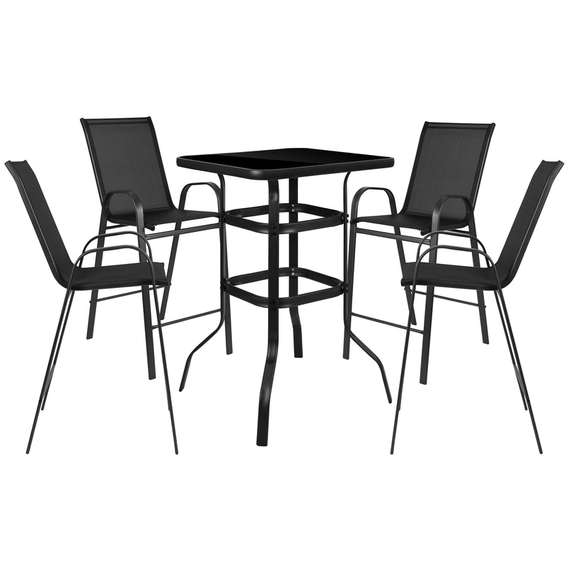 Outdoor Dining Set - 4-Person Bistro Set - Outdoor Glass Bar Table with Black All-Weather Patio Stools