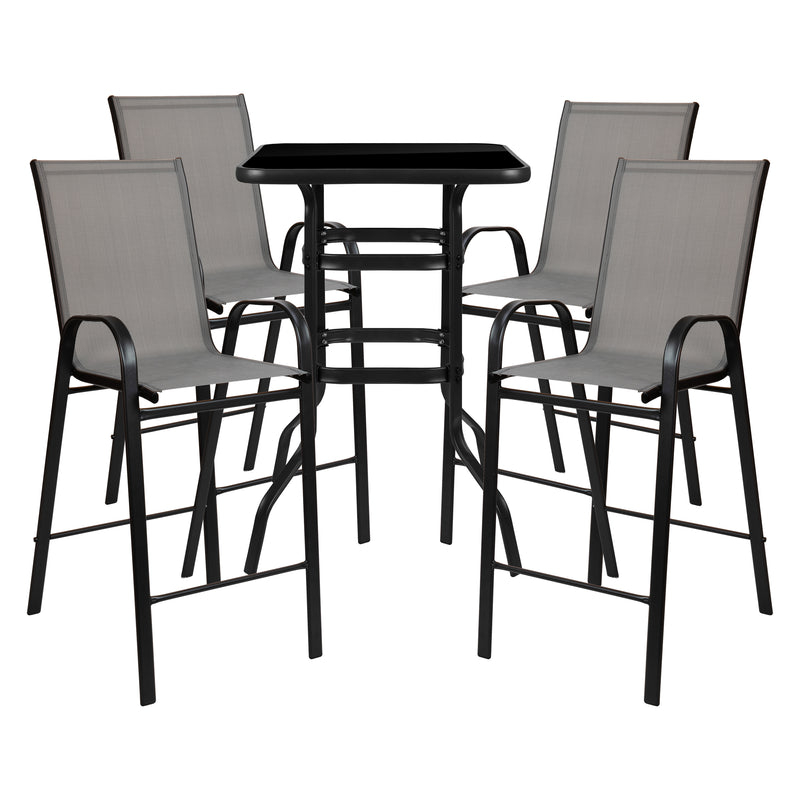 Outdoor Dining Set - 4-Person Bistro Set - Outdoor Glass Bar Table with Gray All-Weather Patio Stools