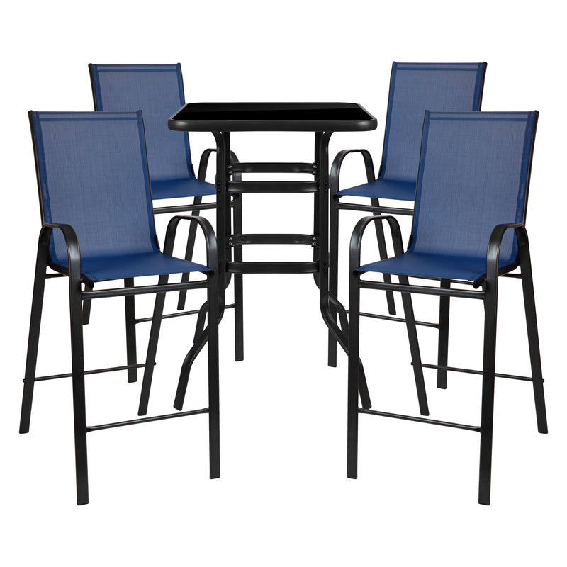 Outdoor Dining Set - 4-Person Bistro Set - Outdoor Glass Bar Table with Navy All-Weather Patio Stools