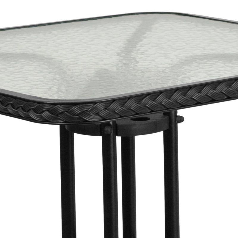 28'' Square Tempered Glass Metal Table with Black Rattan Edging