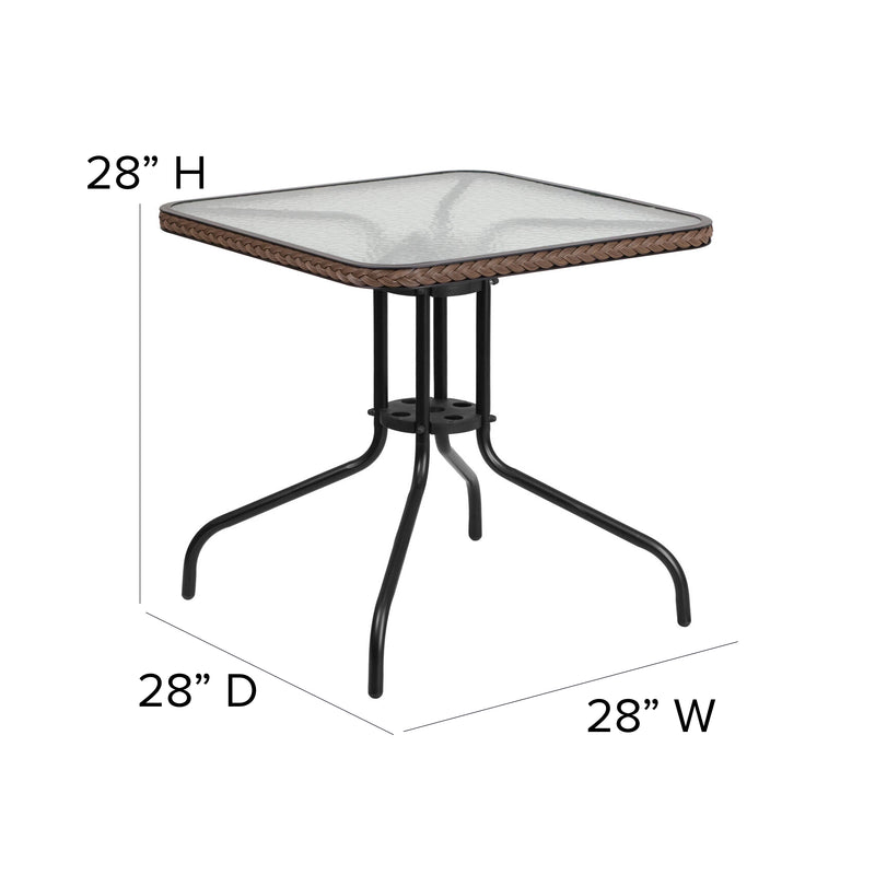 28'' Square Tempered Glass Metal Table with Dark Brown Rattan Edging