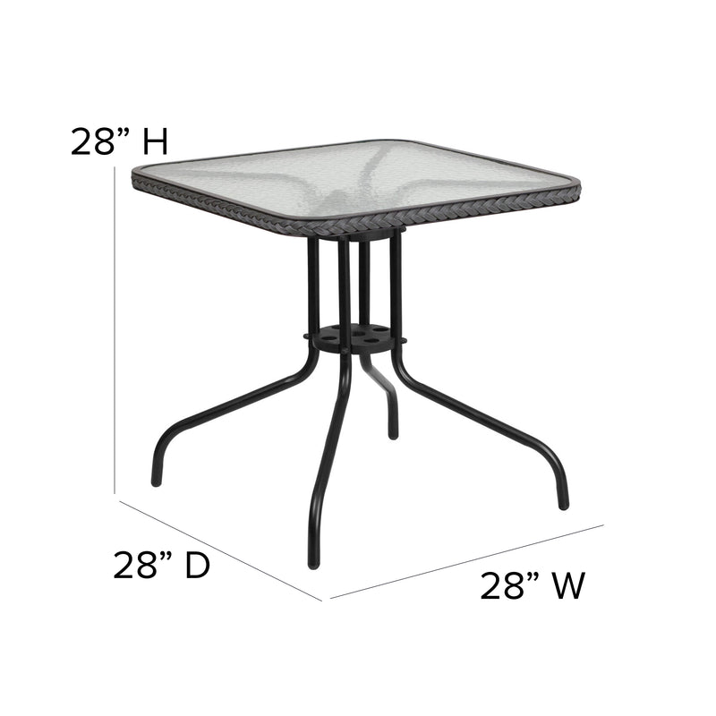 28'' Square Tempered Glass Metal Table with Gray Rattan Edging