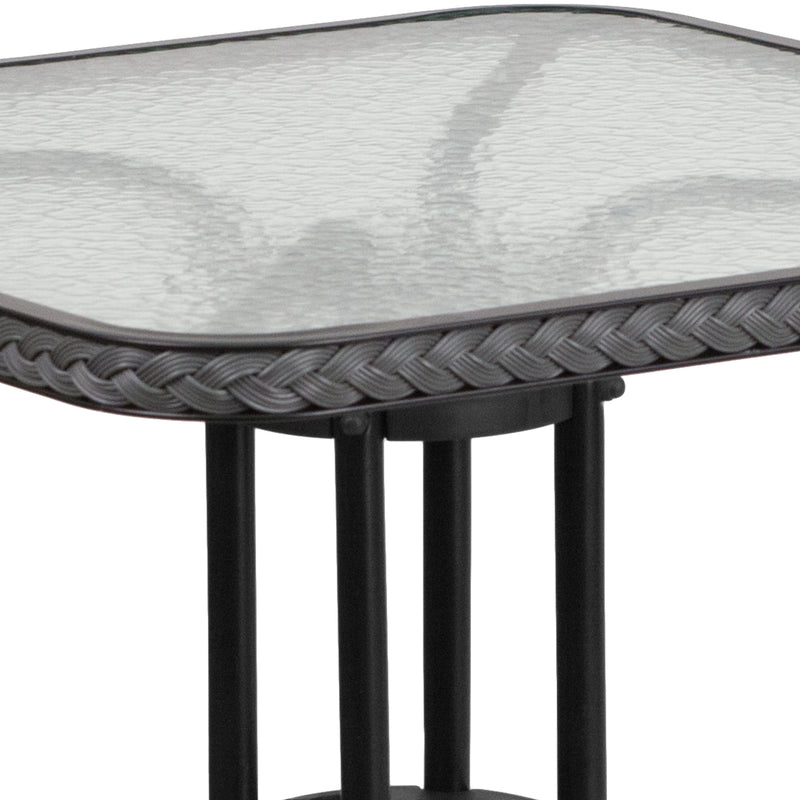 28'' Square Tempered Glass Metal Table with Gray Rattan Edging