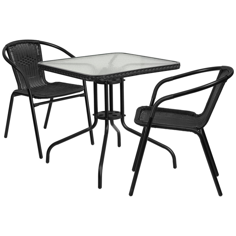 28'' Square Glass Metal Table with Black Rattan Edging and 2 Black Rattan Stack Chairs